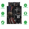 Soccer quilt bedding set displayed with patriotic faith artwork, soccer player, and breathable care icons