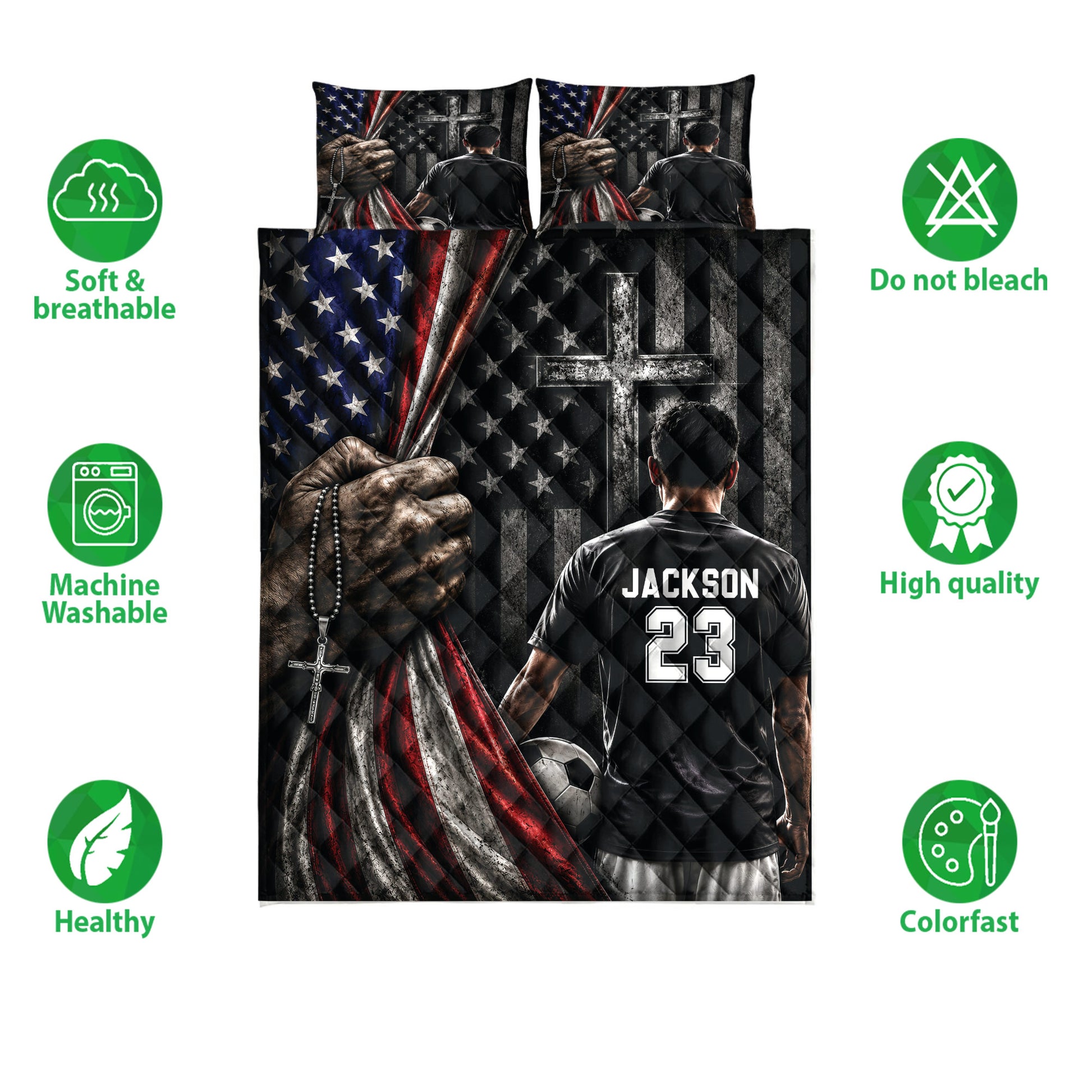 Soccer quilt bedding set displayed with patriotic faith artwork, soccer player, and breathable care icons
