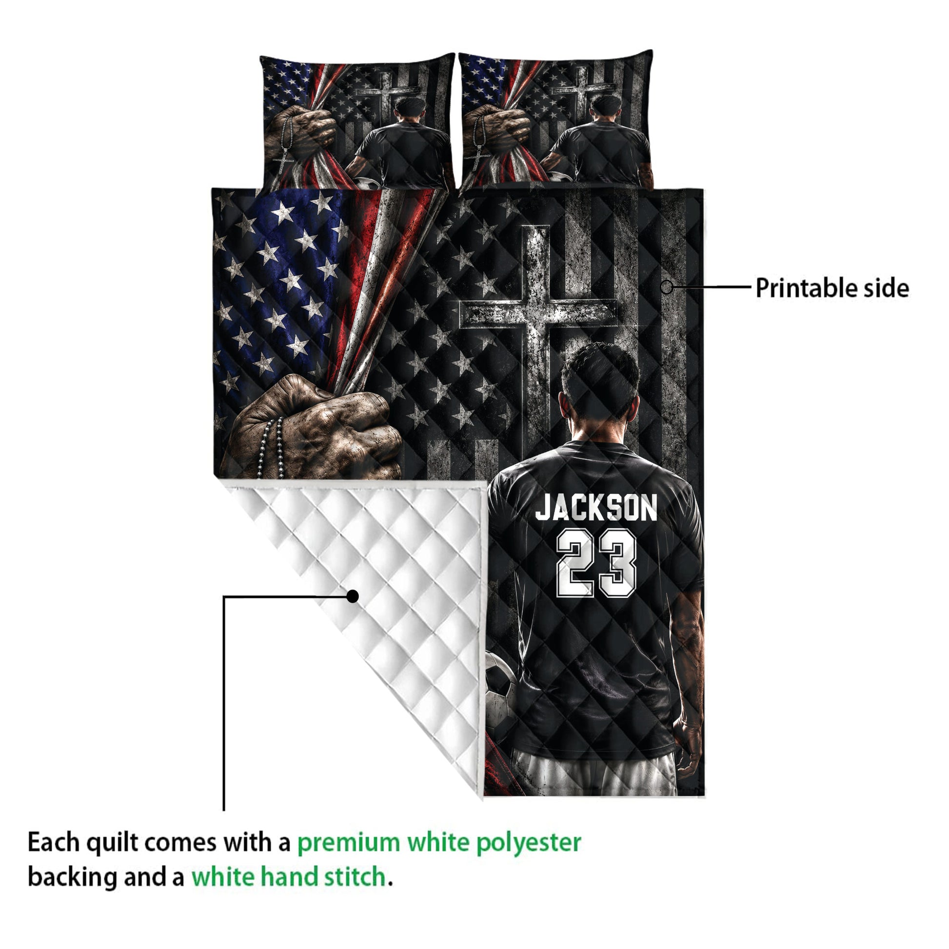 Soccer quilt showing the printed front, white quilted backing, soccer player, and cross-themed artwork