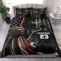 Patriotic soccer quilt blanket styled on a bedroom bed with matching soccer-themed pillow designs
