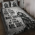 Motocross quilt blanket displayed on a bed with dirt bike rider artwork and black and gray tire-track borders
