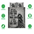Motocross quilt bedding set with dirt bike artwork shown alongside soft breathable and colorfast feature icons