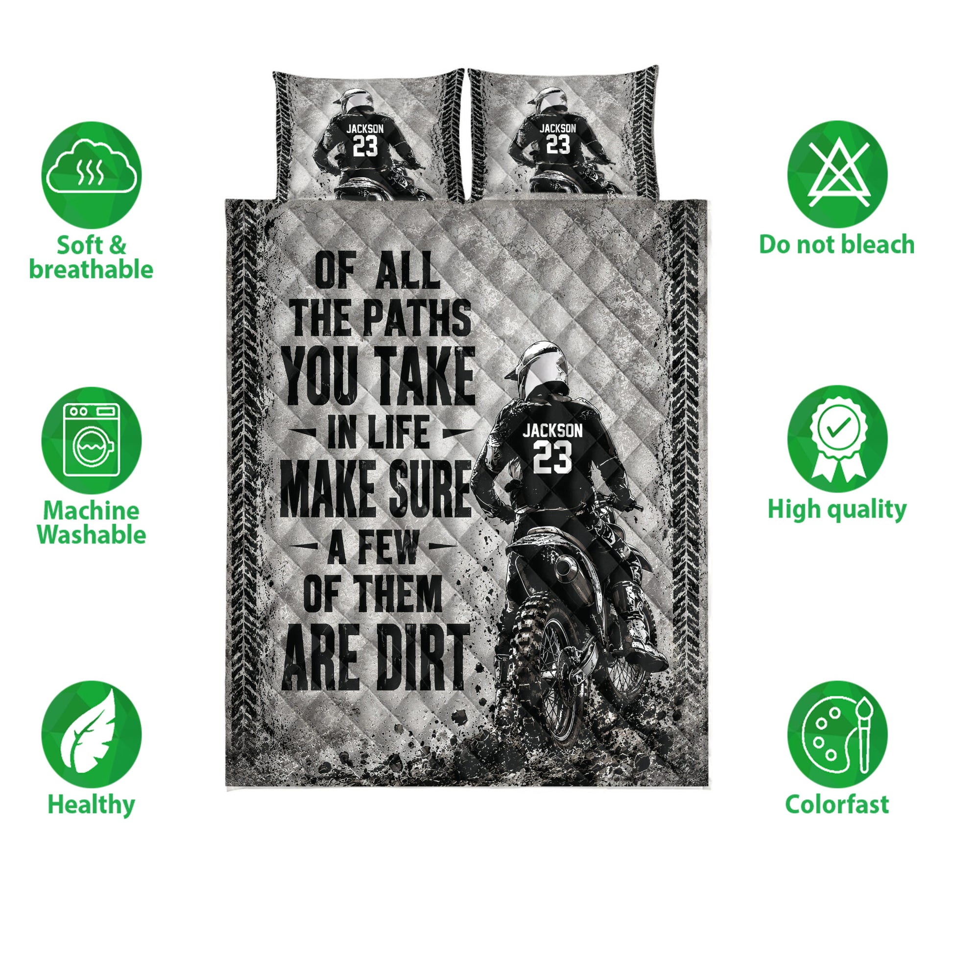 Motocross quilt bedding set with dirt bike artwork shown alongside soft breathable and colorfast feature icons