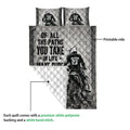 Motocross quilt showing the printed rider artwork and white quilted backing in a detailed product view
