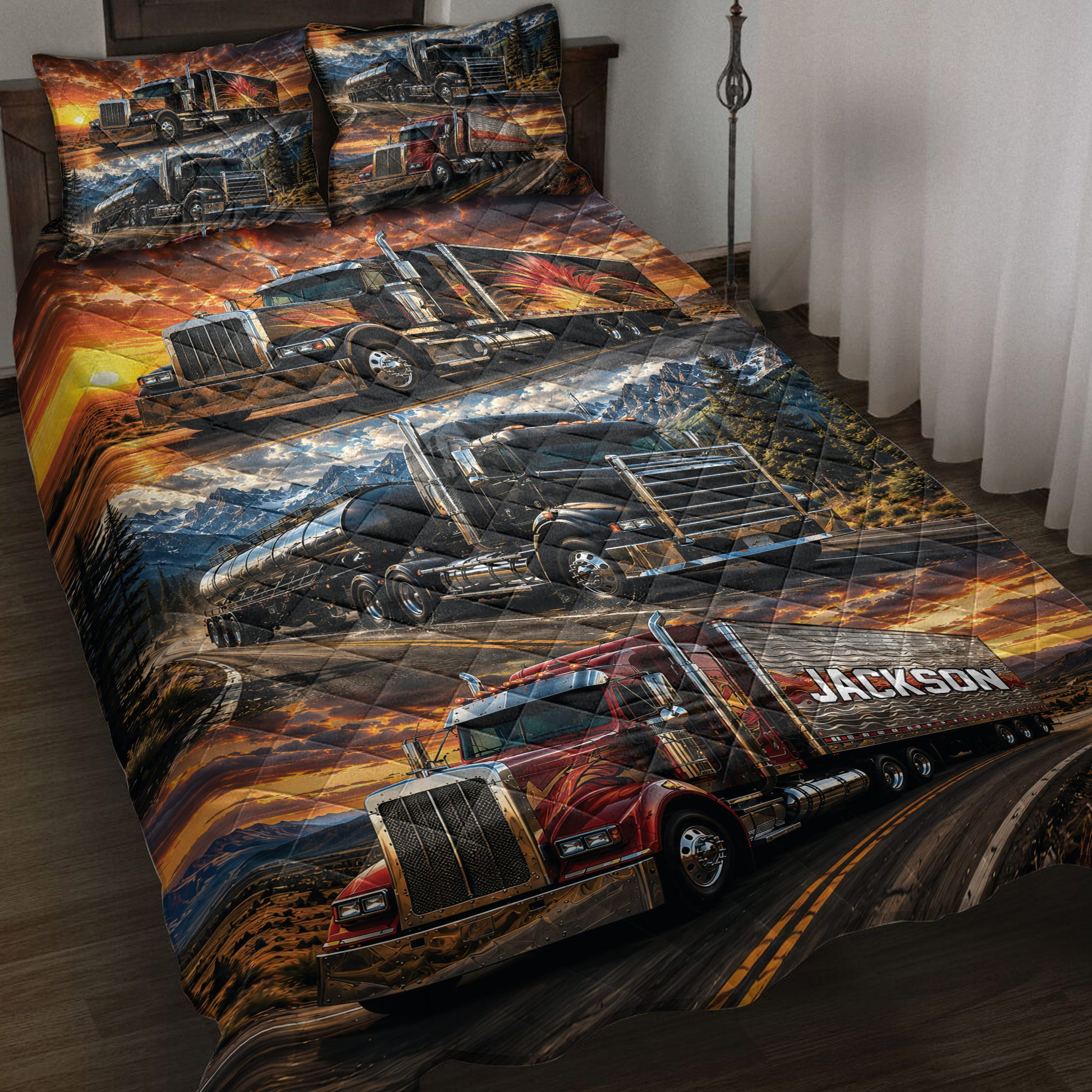 Trucker quilt bedding set displayed on a bed with semi-truck artwork, mountain roads, sunsets, and fiery landscapes