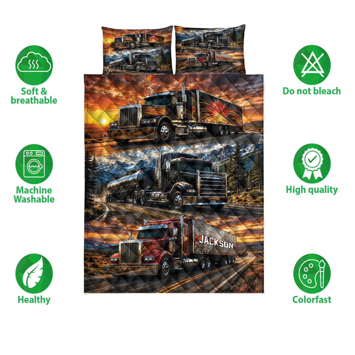 Trucker quilt blanket and pillowcase options shown with semi-truck road artwork and product feature icons