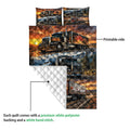 Trucker quilt detail showing vibrant semi-truck artwork, mountain scenery, printed front, and quilted backing