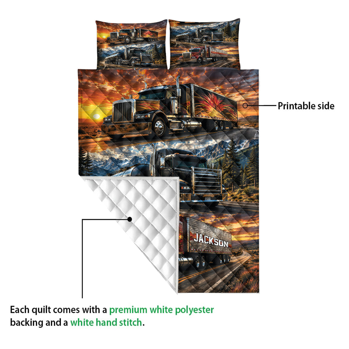 Trucker quilt detail showing vibrant semi-truck artwork, mountain scenery, printed front, and quilted backing