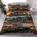 Trucker quilt bedding styled in a bedroom with semi-truck scenes, scenic highways, mountains, and sunset colors