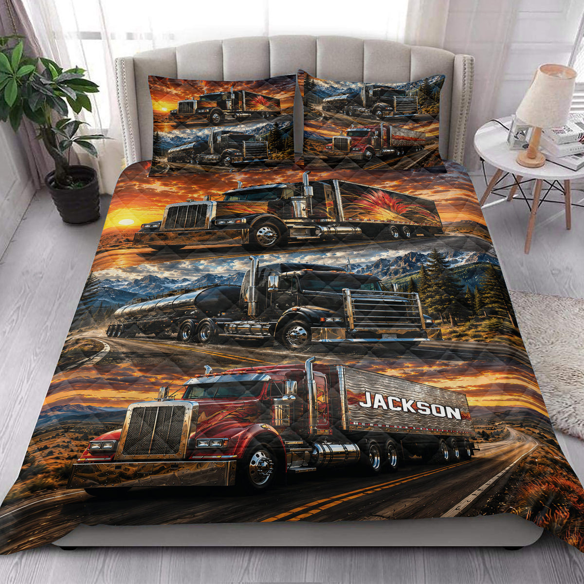 Trucker quilt bedding styled in a bedroom with semi-truck scenes, scenic highways, mountains, and sunset colors