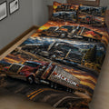 Close bedroom view of a trucker quilt blanket featuring multiple semi-trucks driving through dramatic landscapes