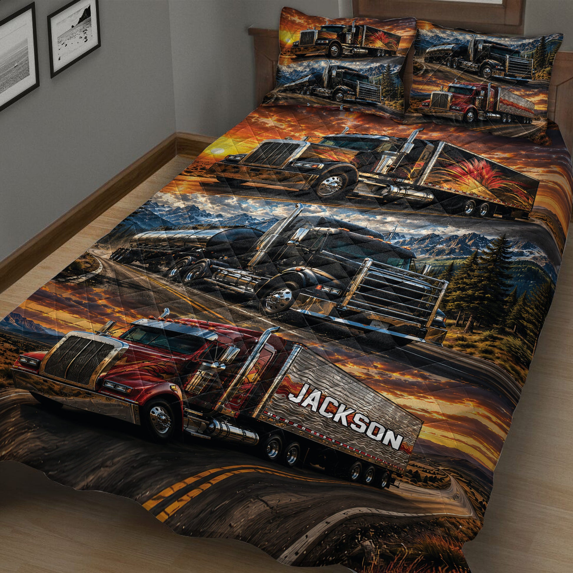 Close bedroom view of a trucker quilt blanket featuring multiple semi-trucks driving through dramatic landscapes