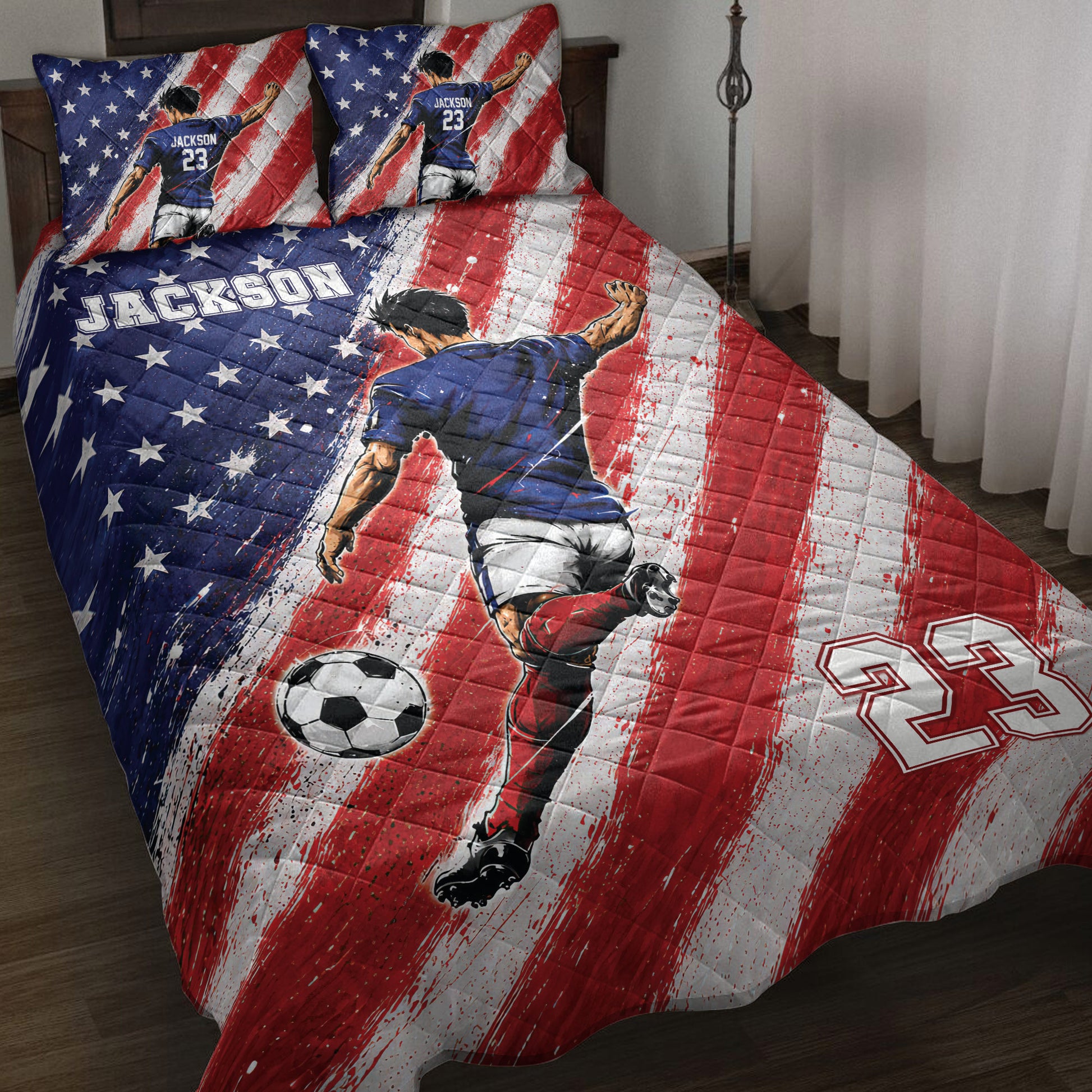 Soccer quilt blanket bedding set displayed on a bed with red, white, and blue player artwork