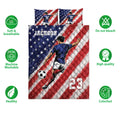 Soccer quilt bedding set with player and ball artwork shown alongside care and quality icons