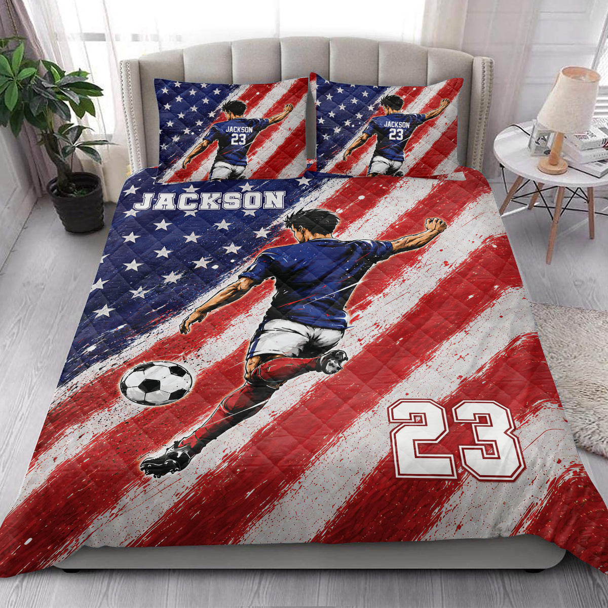 Soccer quilt bedding styled in a bright bedroom with dynamic player and ball artwork