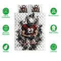 Football quilt bedding set shown with player artwork, breathable construction, washable care icons, and colorfast details