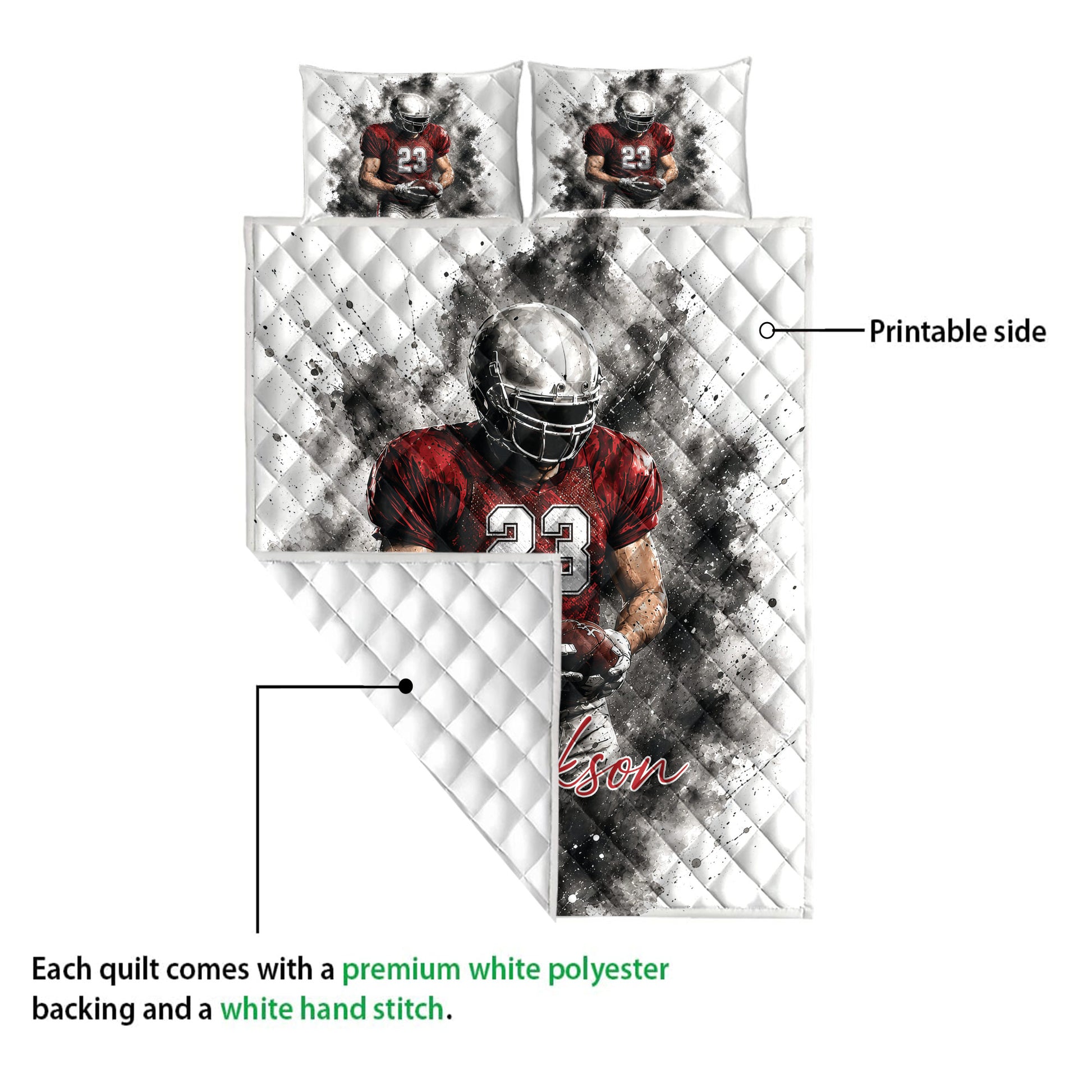 Football quilt bedding set showing the printed front artwork and white quilted reverse backing