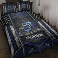 Trucker quilt blanket bedding set displayed on a bed with blue semi-truck artwork and star accents