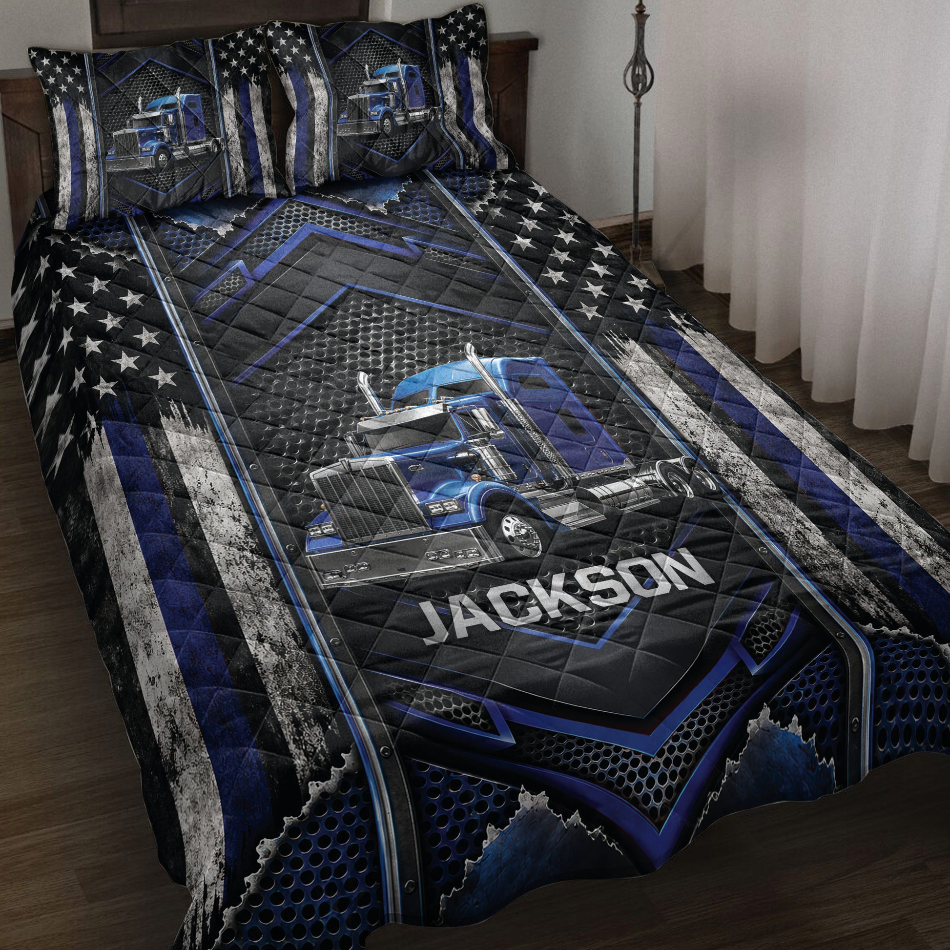 Trucker quilt blanket bedding set displayed on a bed with blue semi-truck artwork and star accents