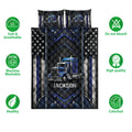 Trucker quilt bedding set shown with blue semi-truck artwork, black and blue graphics, and pillow options
