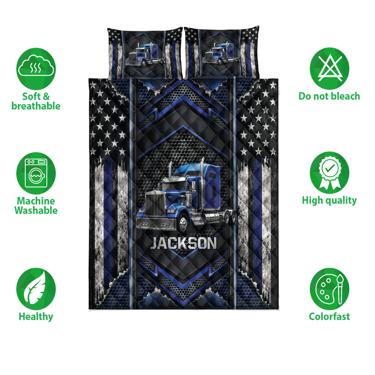Trucker quilt bedding set shown with blue semi-truck artwork, black and blue graphics, and pillow options