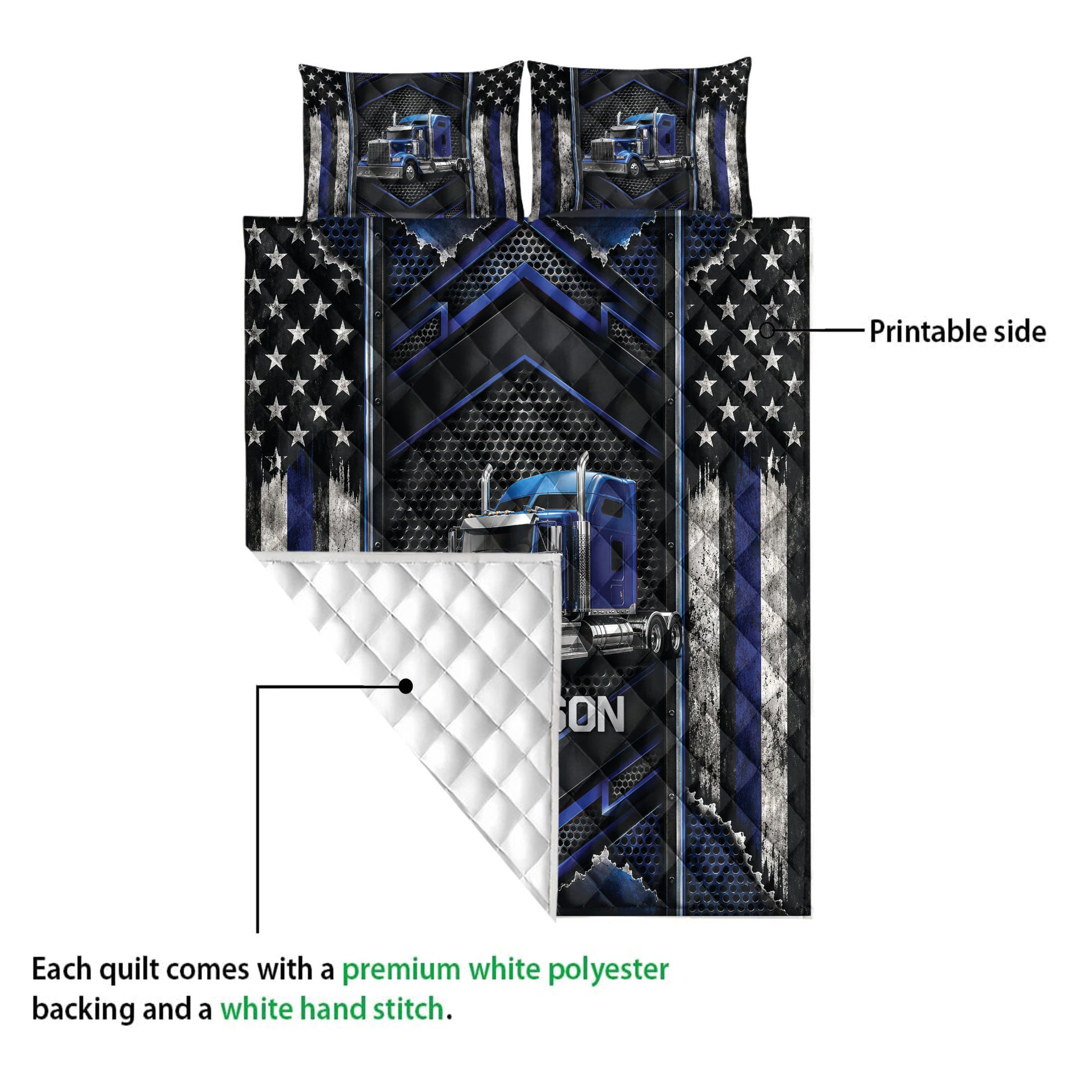 Trucker quilt showing the printed semi-truck design and white quilted backing detail