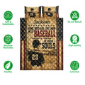 Baseball quilt bedding set shown with player artwork, star borders, and product feature icons