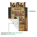 Baseball quilt shown with printed front artwork and a white quilted backing