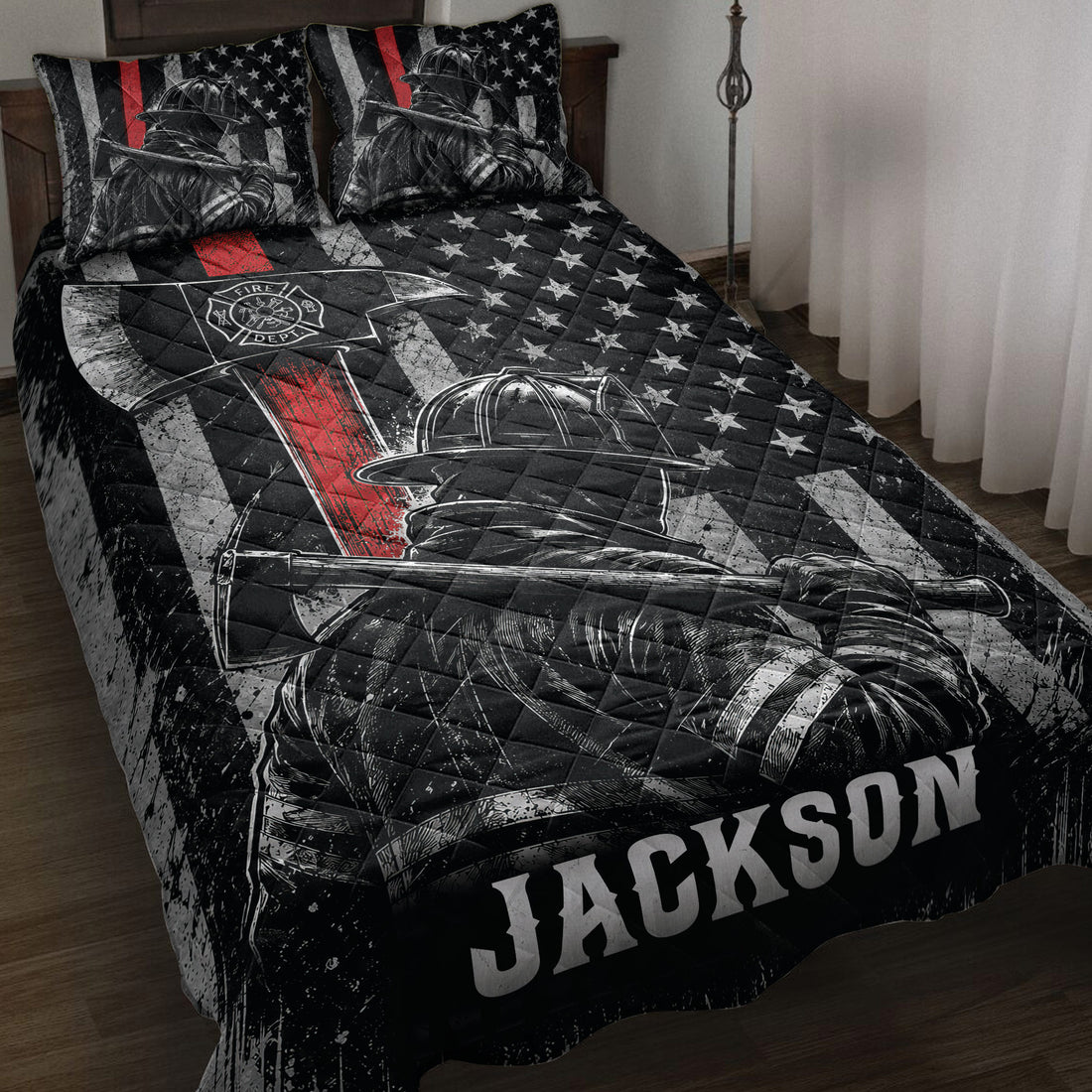 Firefighter quilt blanket displayed on a bed with patriotic flag artwork, helmets, stars, and bold red accents