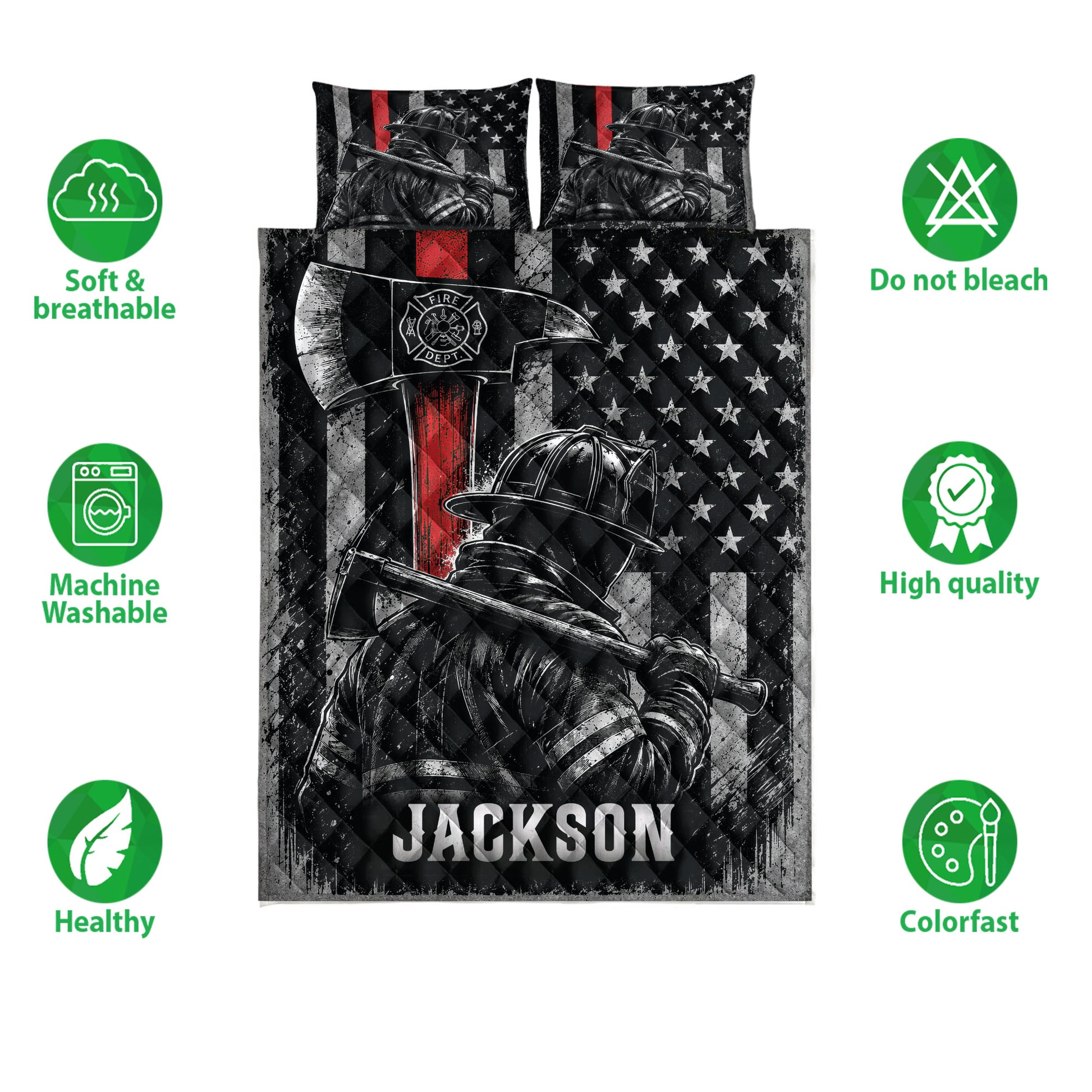 Firefighter quilt bedding set shown with coordinated pillowcases, patriotic artwork, and soft breathable feature icons