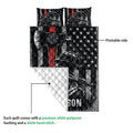 Firefighter quilt blanket detail showing printed artwork, quilted stitching, and white diamond-pattern backing