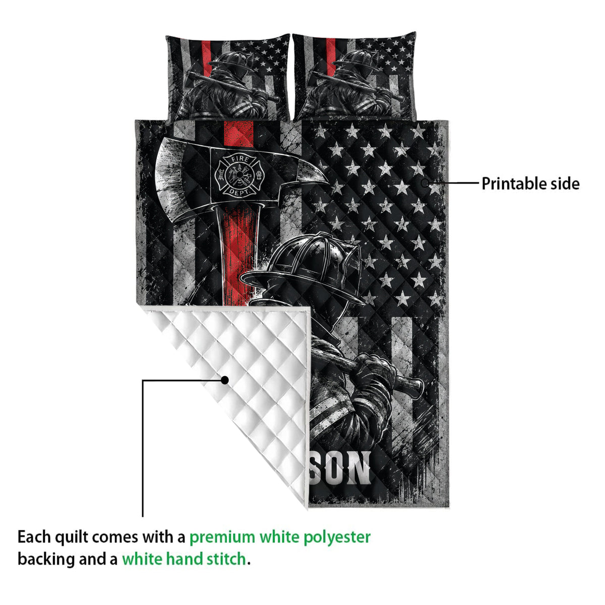 Firefighter quilt blanket detail showing printed artwork, quilted stitching, and white diamond-pattern backing