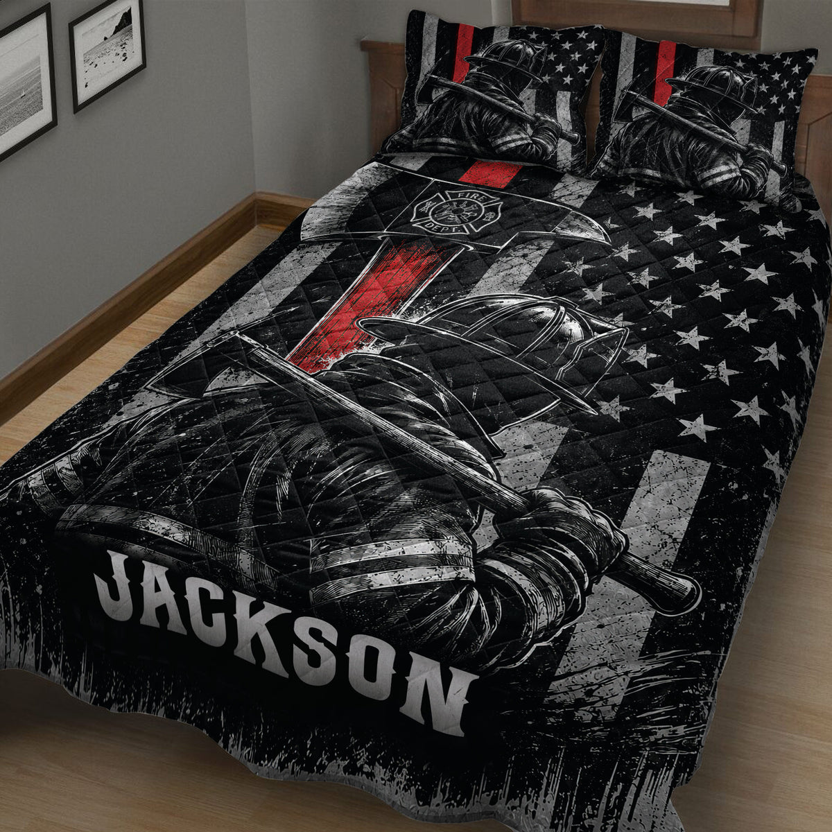 Patriotic firefighter quilt blanket displayed across a bed with helmet, axe, fire department, and star artwork
