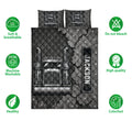 Trucker quilt bedding set overview with semi truck artwork, star patterns, and black and gray styling