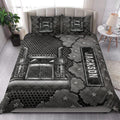 Trucker quilt blanket styled on a bedroom bed with bold semi truck and star artwork