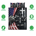 Firefighter quilt bedding set shown with matching pillowcases and patriotic rescue artwork