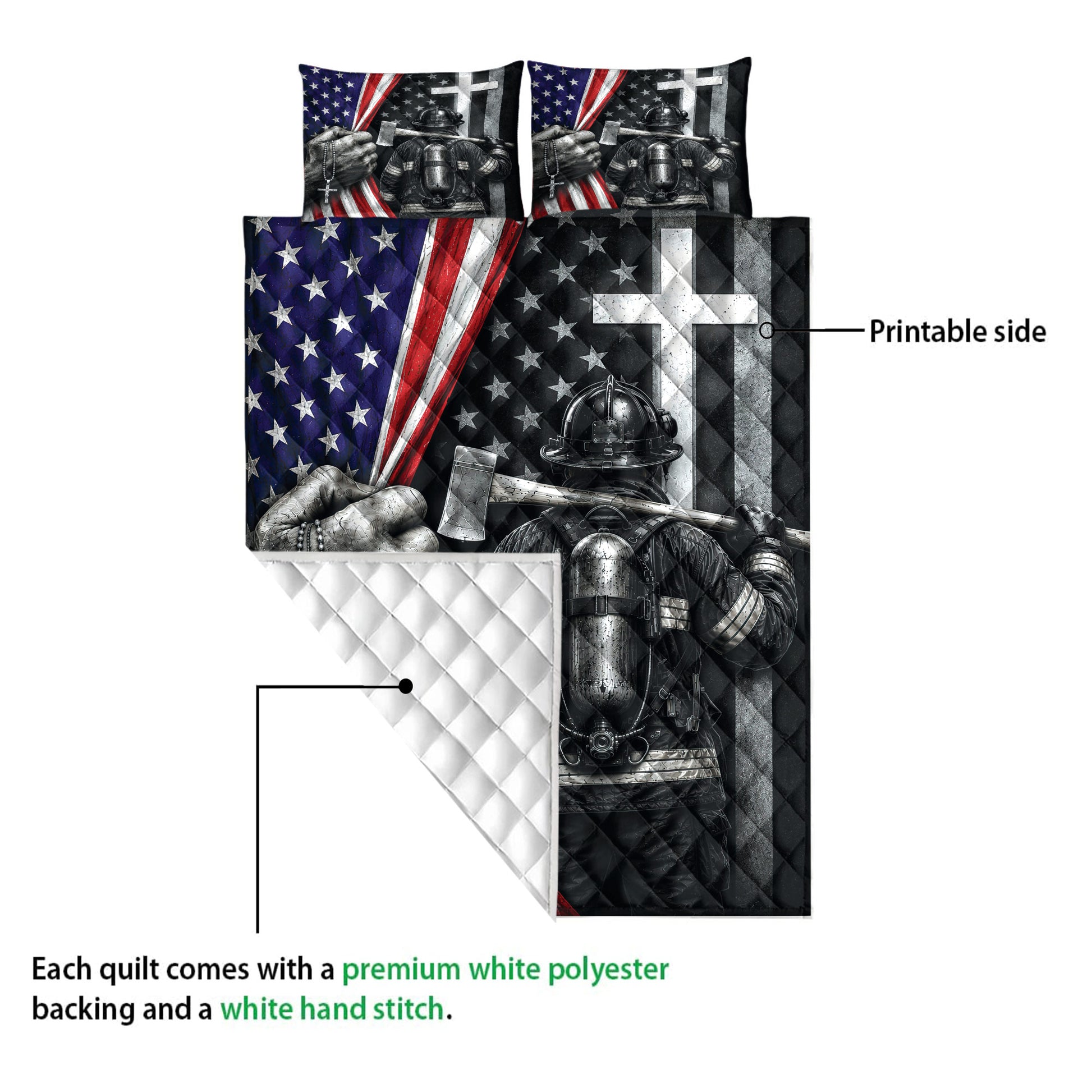 Firefighter quilt showing the printed front and white quilted backing detail