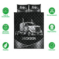 Black semi-truck quilt bedding set shown with matching truck pillow designs and product feature icons