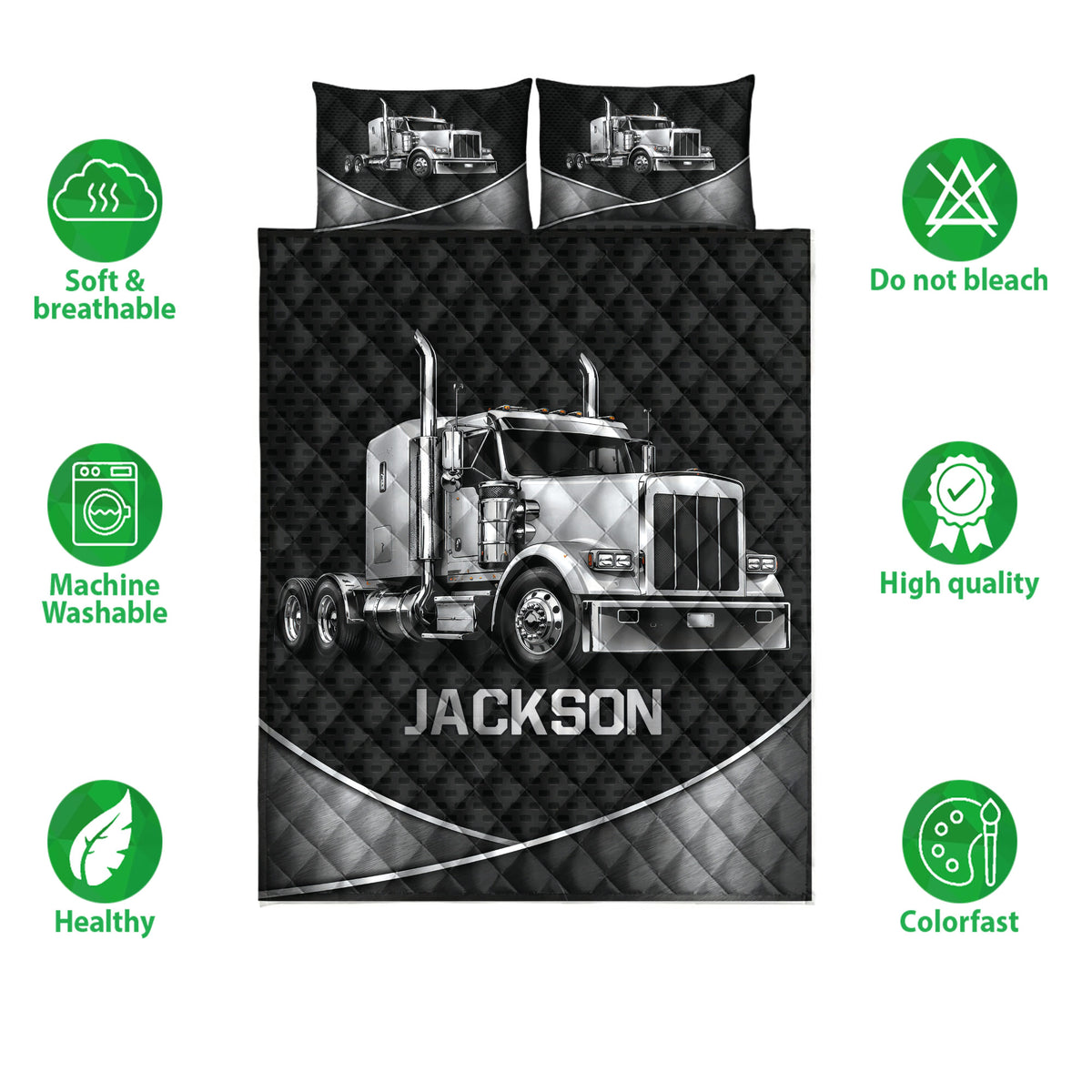 Black semi-truck quilt bedding set shown with matching truck pillow designs and product feature icons
