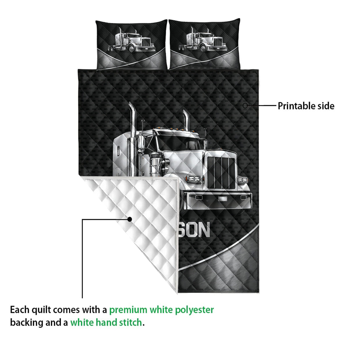 Semi-truck quilt blanket showing the printed front and white quilted backing detail