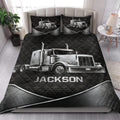 Trucker quilt bedding styled in a modern bedroom with large silver big-rig artwork