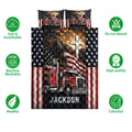 Patriotic trucker quilt bedding set with red semi truck artwork, eagle and flag design, plus product feature icons