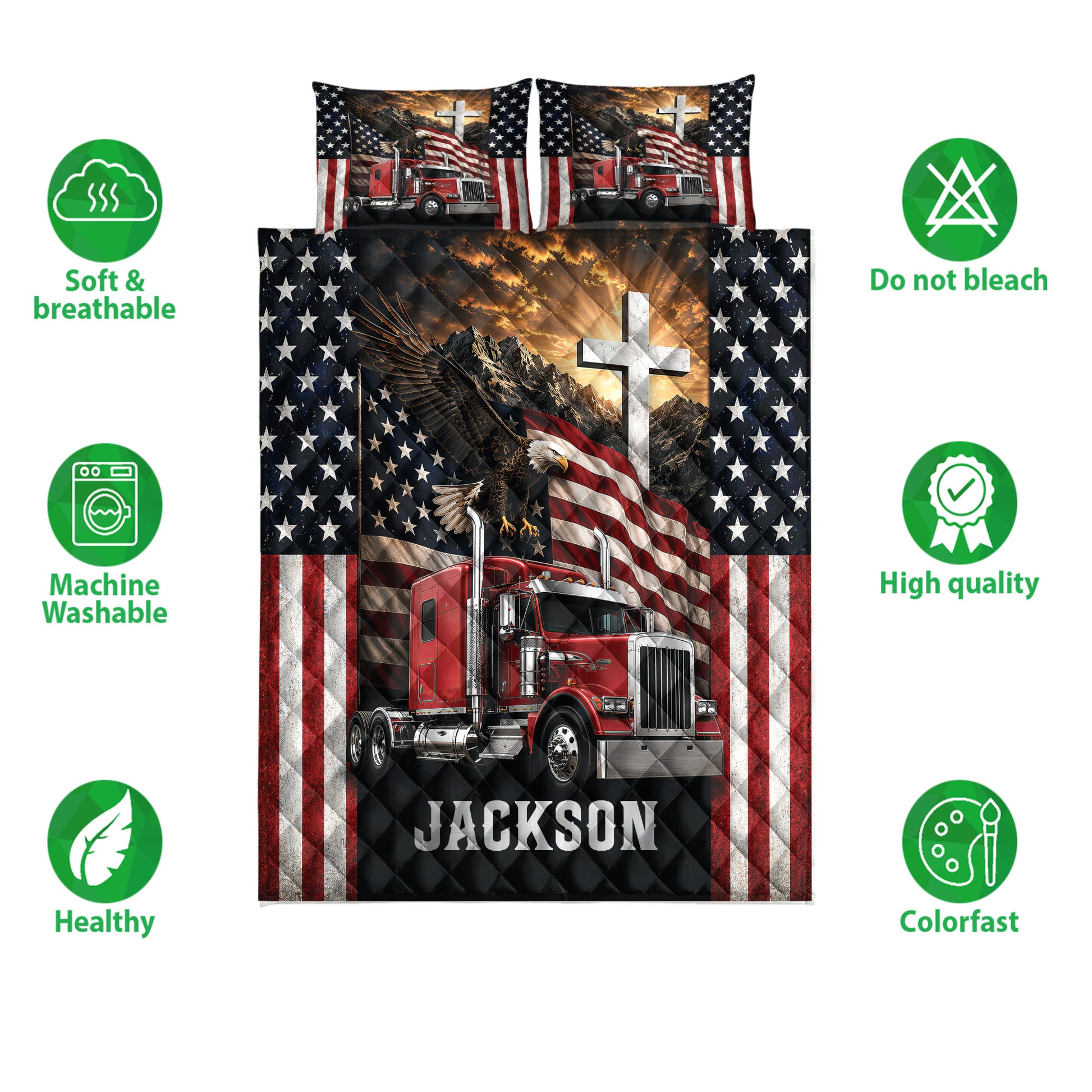 Patriotic trucker quilt bedding set with red semi truck artwork, eagle and flag design, plus product feature icons