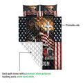 Trucker quilt showing the printed patriotic semi truck design and a close view of the diamond-stitched reverse