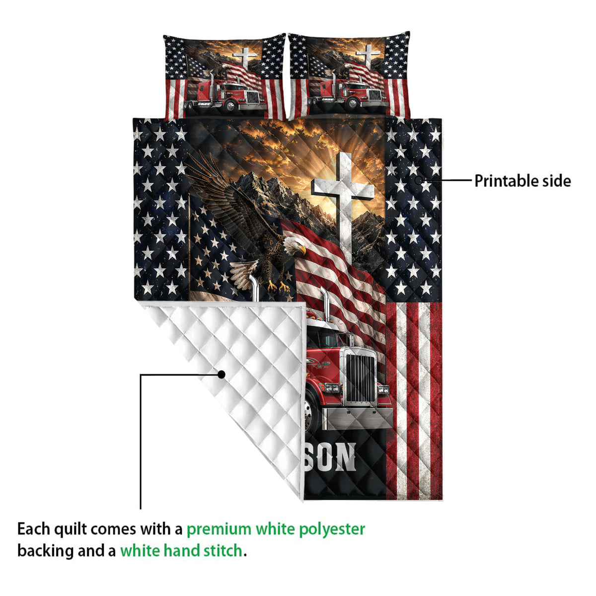 Trucker quilt showing the printed patriotic semi truck design and a close view of the diamond-stitched reverse