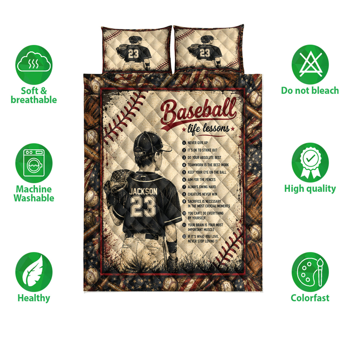 Baseball quilt bedding set shown with player artwork, baseball-themed borders, and soft breathable design icons