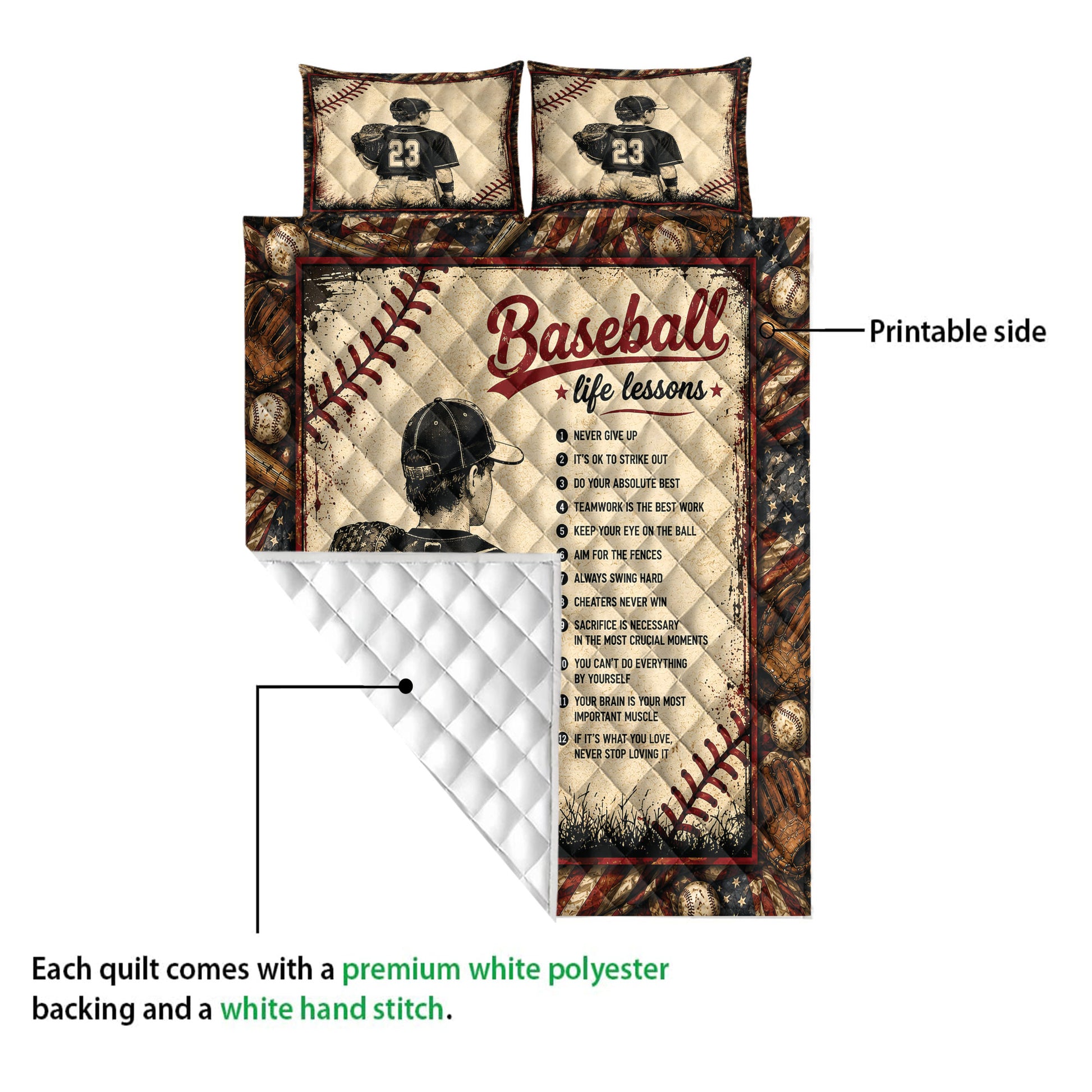 Baseball quilt detail showing a printed front, white quilted backing, and hand-stitched construction