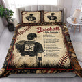 Baseball quilt bedding set styled in a bright bedroom with ballplayer artwork and motivational sports design