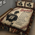 Close-up baseball quilt blanket featuring a ballplayer, baseball artwork, bats, gloves, and inspirational life lessons