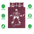 Burgundy hockey quilt bedding set displayed with skater artwork and soft breathable care feature icons